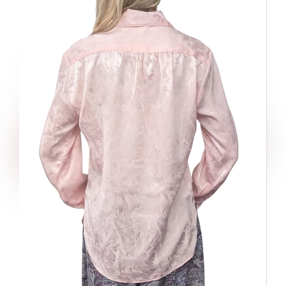 Vintage 80s Pink Satin Floral Blouse Sheer Jacquard Button Up Coquette Romance - Picture 3 of 13